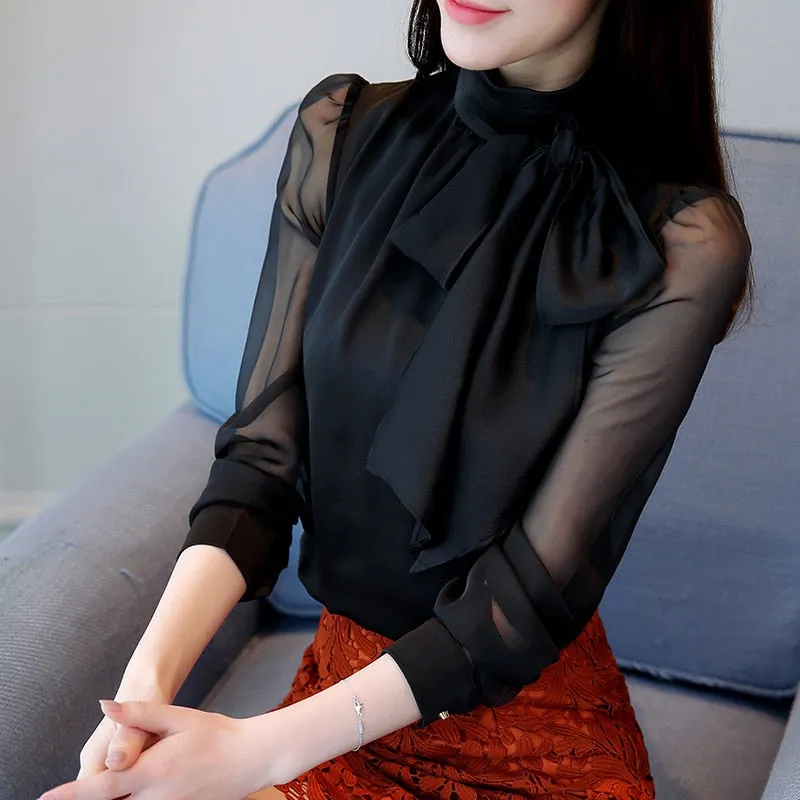 2022 New Summer Fashion Tunic Women Blouse Shirts Long Sleeve Tie Bow Chiffon Turtleneck Formal Women White Black Shirts 0599 30