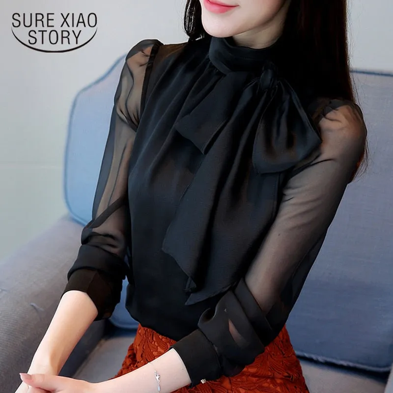 2022 New Summer Fashion Tunic Women Blouse Shirts Long Sleeve Tie Bow Chiffon Turtleneck Formal Women White Black Shirts 0599 30