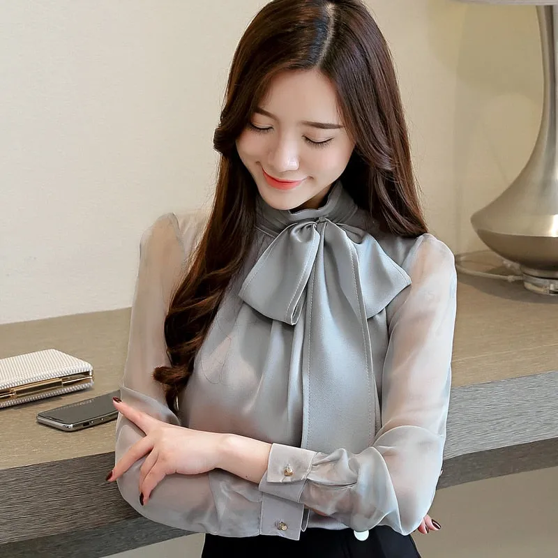 2022 New Summer Fashion Tunic Women Blouse Shirts Long Sleeve Tie Bow Chiffon Turtleneck Formal Women White Black Shirts 0599 30