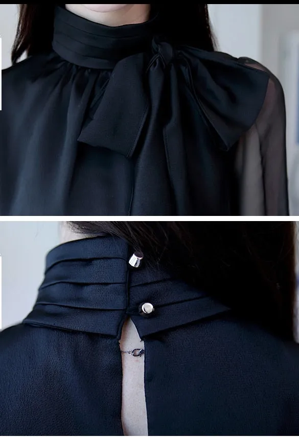 2022 New Summer Fashion Tunic Women Blouse Shirts Long Sleeve Tie Bow Chiffon Turtleneck Formal Women White Black Shirts 0599 30