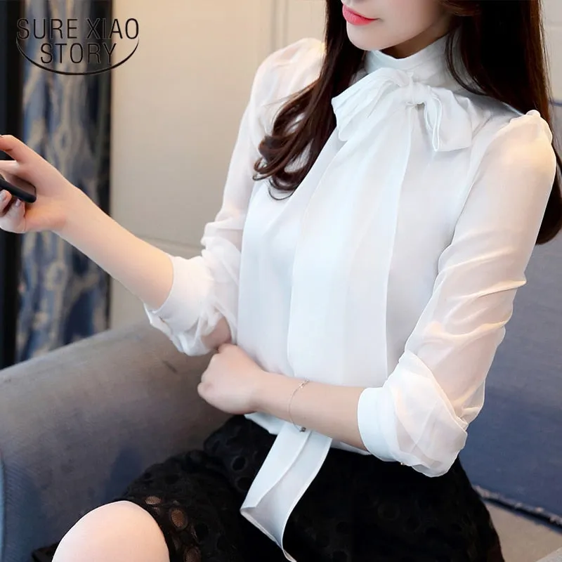 2022 New Summer Fashion Tunic Women Blouse Shirts Long Sleeve Tie Bow Chiffon Turtleneck Formal Women White Black Shirts 0599 30