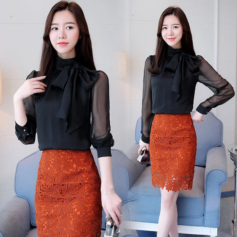 2022 New Summer Fashion Tunic Women Blouse Shirts Long Sleeve Tie Bow Chiffon Turtleneck Formal Women White Black Shirts 0599 30