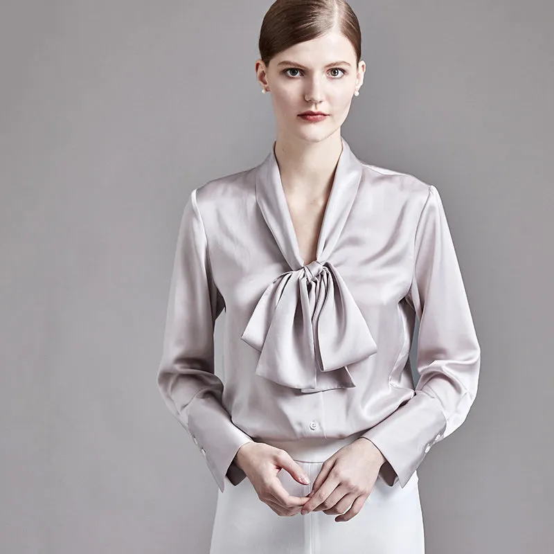 22 Momme Women's Button Front Tie-Neck Silk Blouse with Long Sleeves