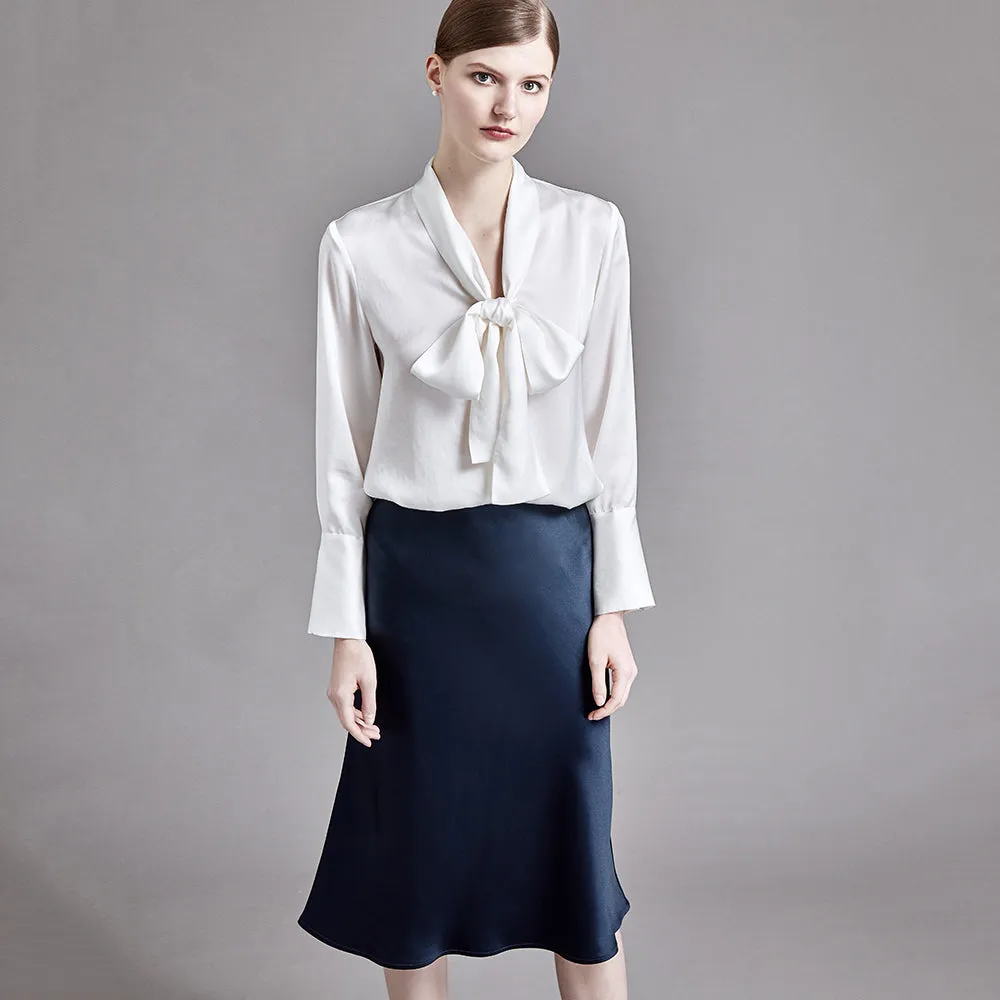 22 Momme Women's Button Front Tie-Neck Silk Blouse with Long Sleeves