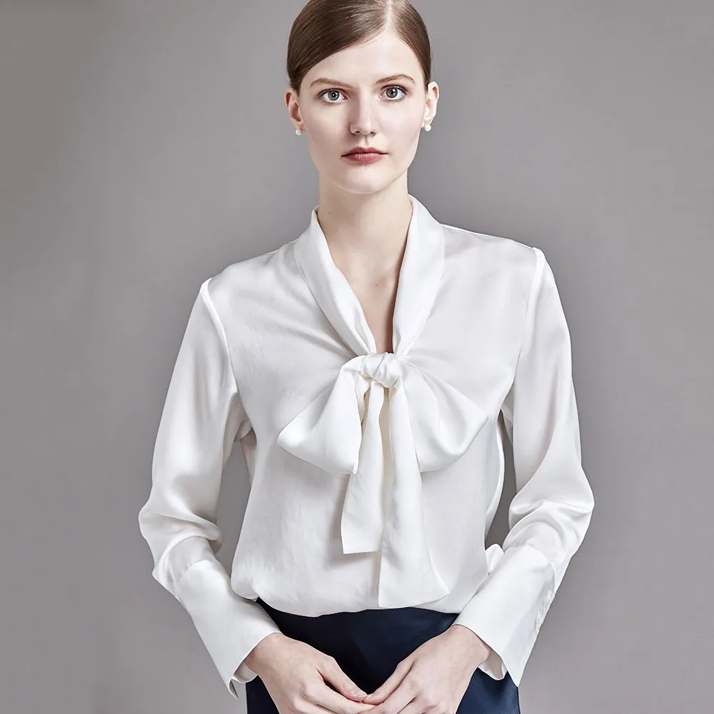 22 Momme Women's Button Front Tie-Neck Silk Blouse with Long Sleeves