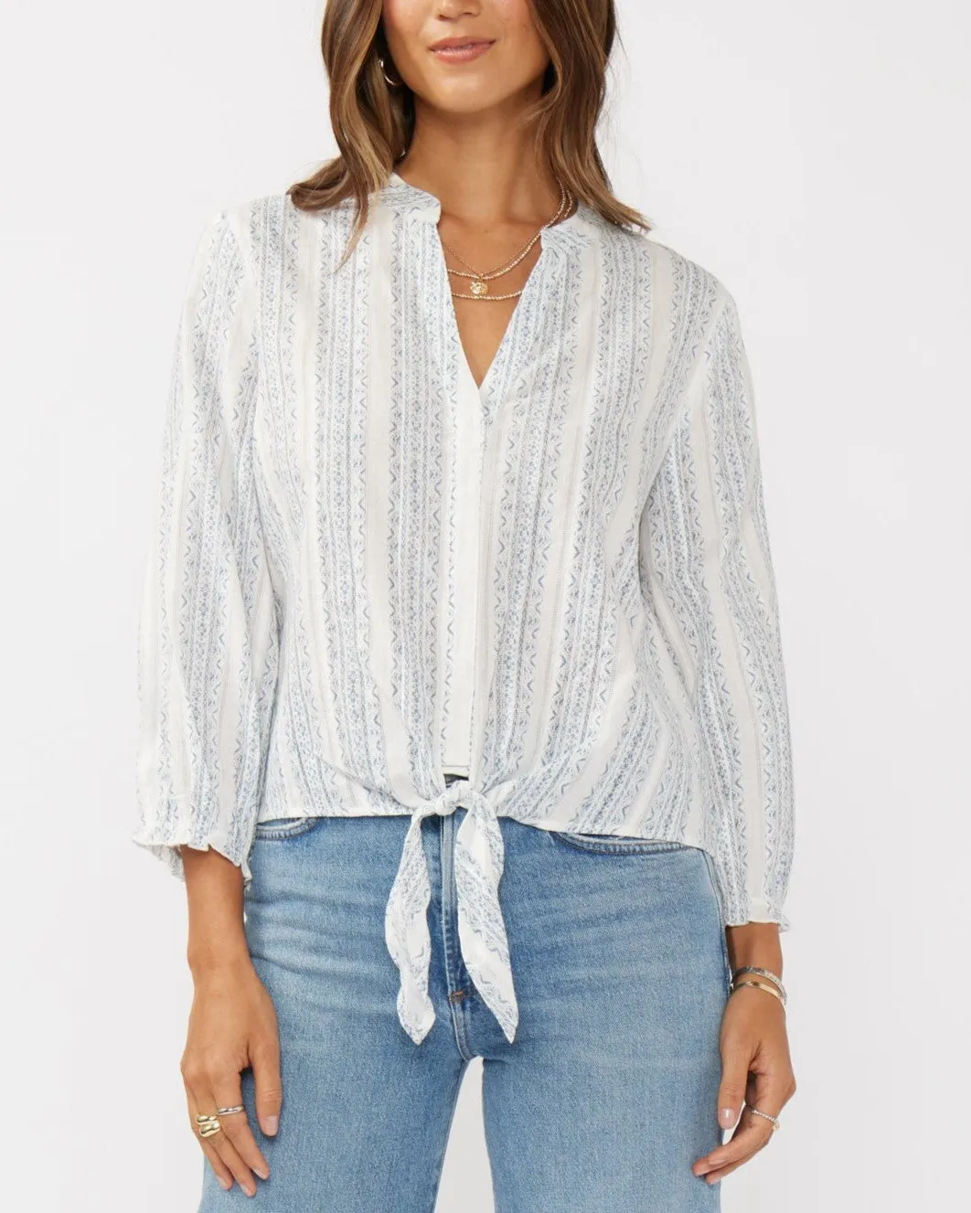 3/4 Sleeve Tie Front Blouse - White/Dusty Blue