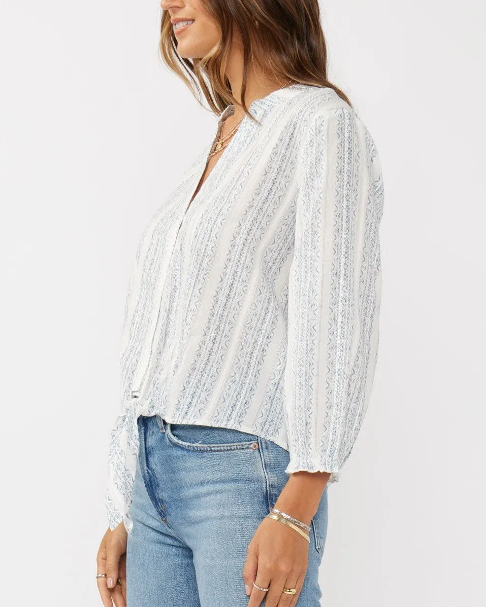 3/4 Sleeve Tie Front Blouse - White/Dusty Blue