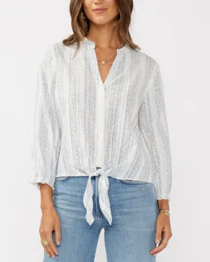 3/4 Sleeve Tie Front Blouse - White/Dusty Blue