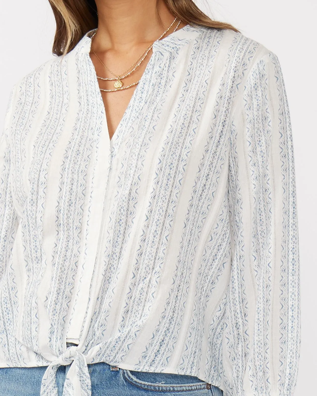 3/4 Sleeve Tie Front Blouse - White/Dusty Blue