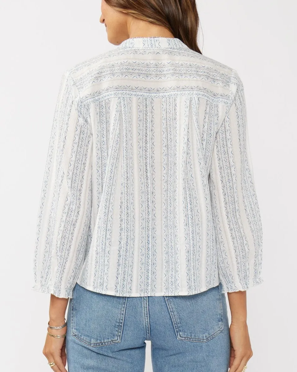 3/4 Sleeve Tie Front Blouse - White/Dusty Blue