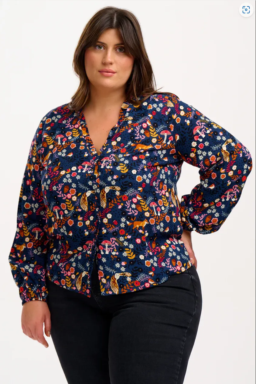 ALICIA FRILL EDGE BLOUSE - NAVY, MIDNIGHT WOODLAND