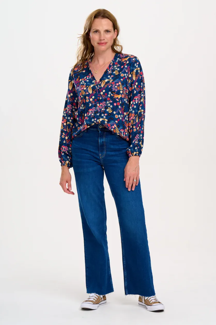 ALICIA FRILL EDGE BLOUSE - NAVY, MIDNIGHT WOODLAND