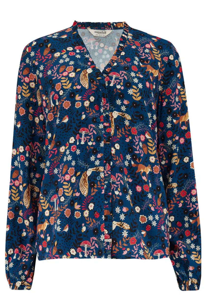 ALICIA FRILL EDGE BLOUSE - NAVY, MIDNIGHT WOODLAND