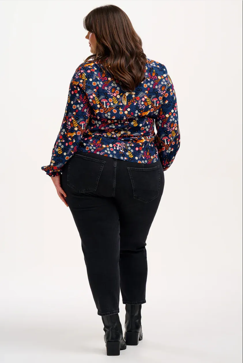 ALICIA FRILL EDGE BLOUSE - NAVY, MIDNIGHT WOODLAND