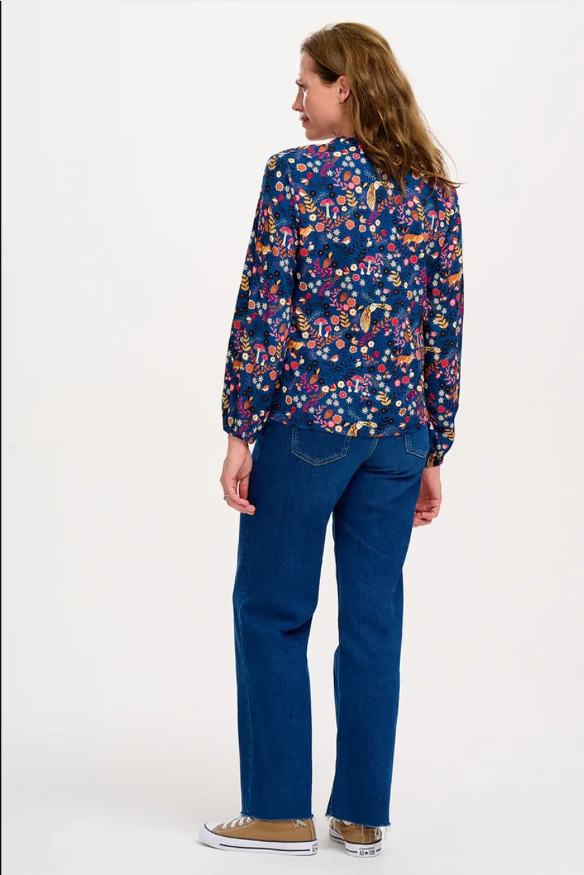 ALICIA FRILL EDGE BLOUSE - NAVY, MIDNIGHT WOODLAND