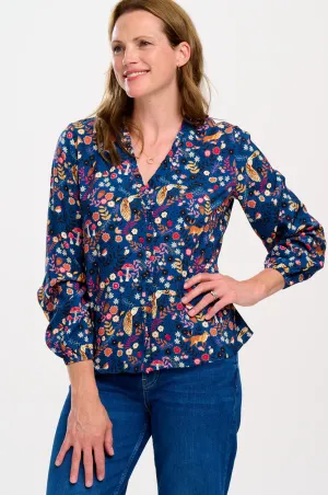 ALICIA FRILL EDGE BLOUSE - NAVY, MIDNIGHT WOODLAND