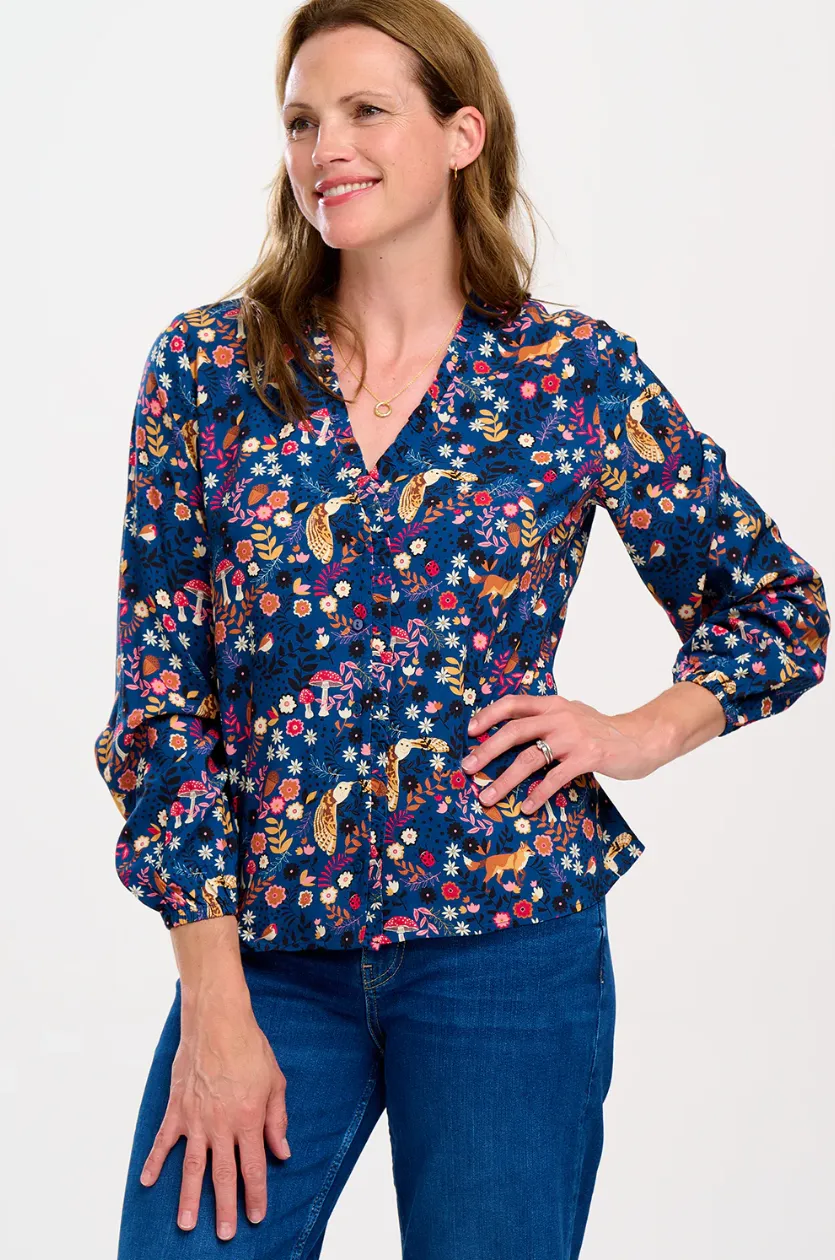 ALICIA FRILL EDGE BLOUSE - NAVY, MIDNIGHT WOODLAND