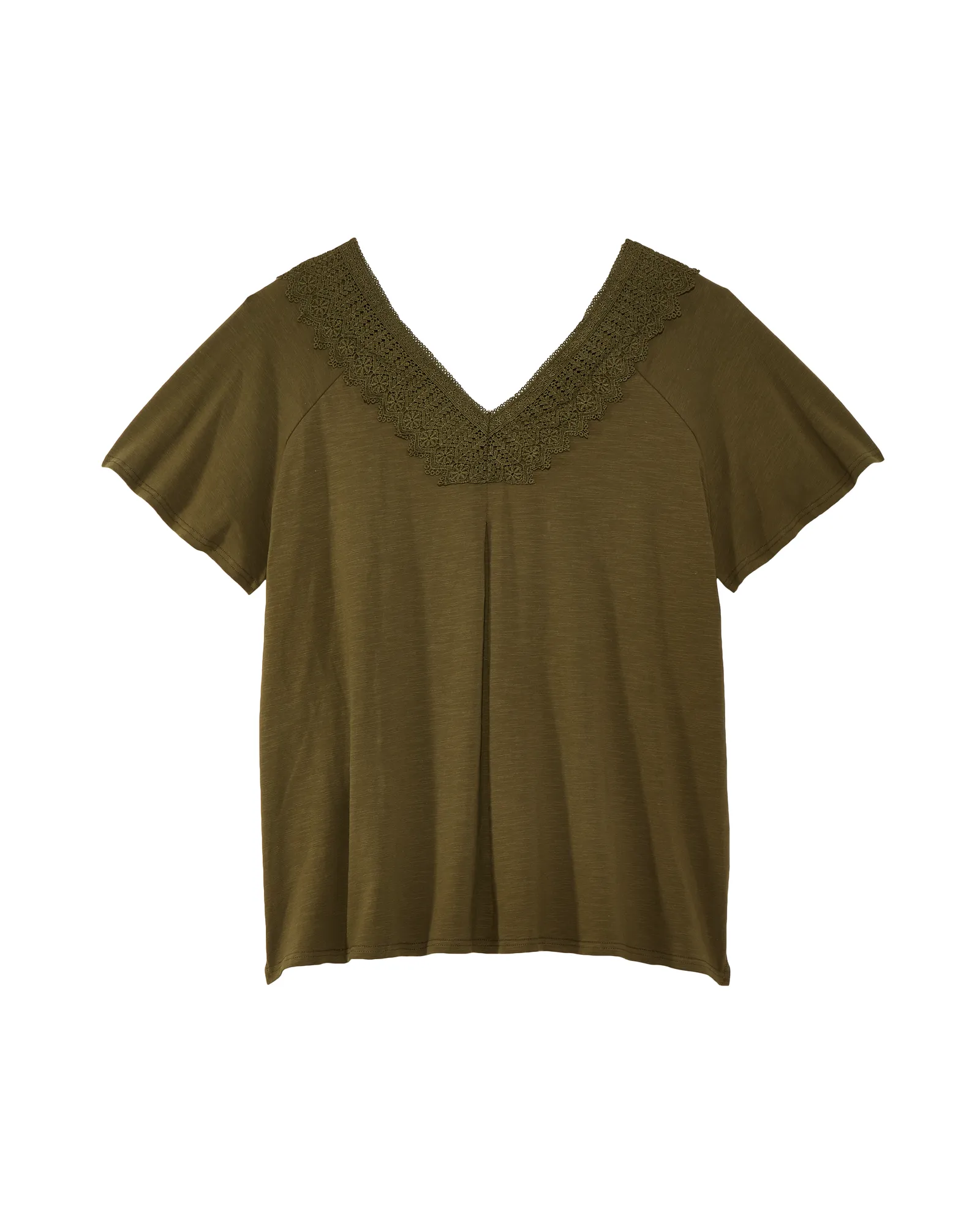 Alima Short Flutter Sleeve with Lace Neck Trim | Olive Green