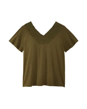 Alima Short Flutter Sleeve with Lace Neck Trim | Olive Green