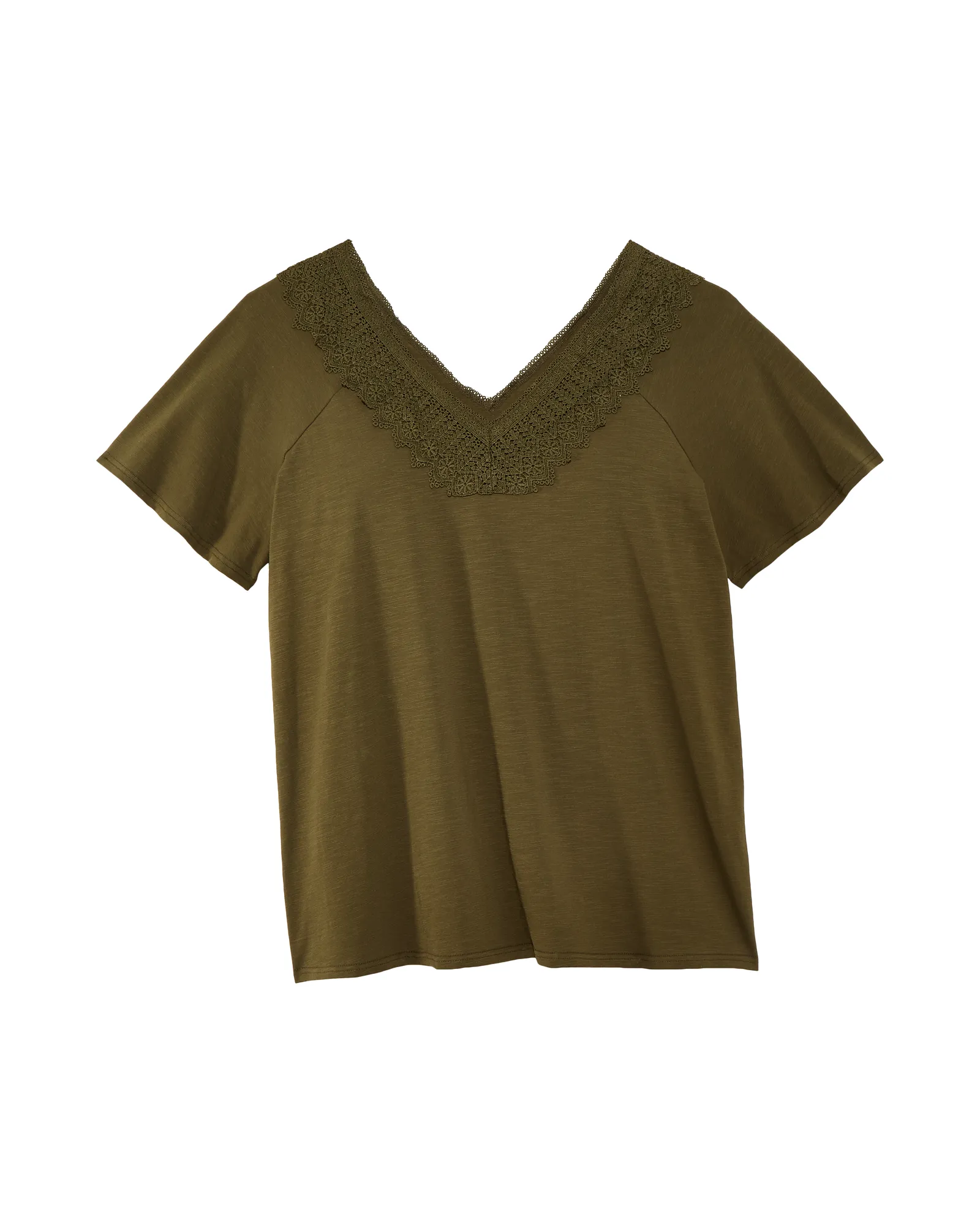 Alima Short Flutter Sleeve with Lace Neck Trim | Olive Green