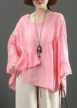 Art pink linen tops o neck Ruffles silhouette summer blouses
