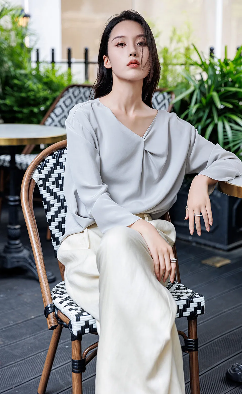 Asymmetical Neck Silk Blouses