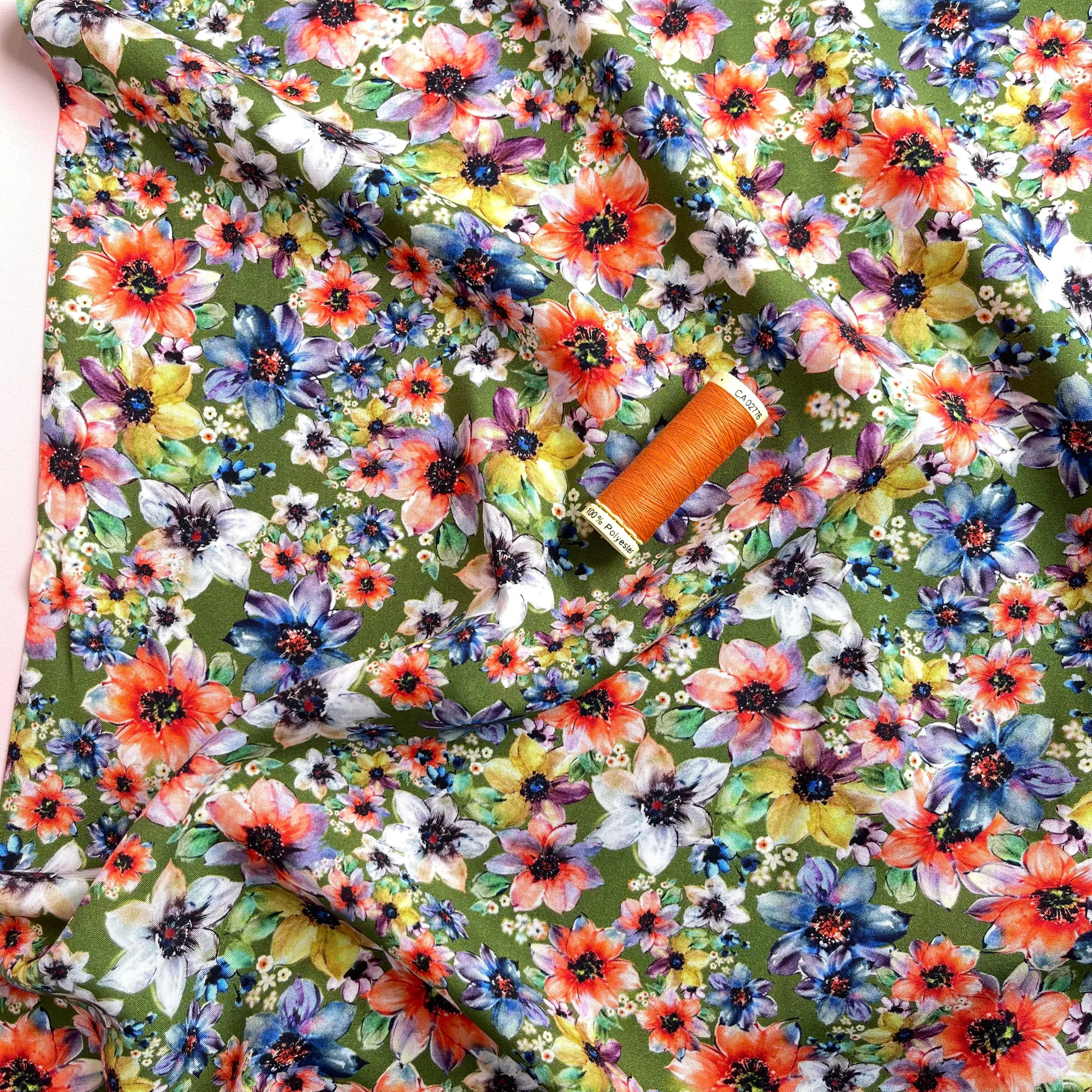 Autumn Meadow Grass Green Viscose Fabric