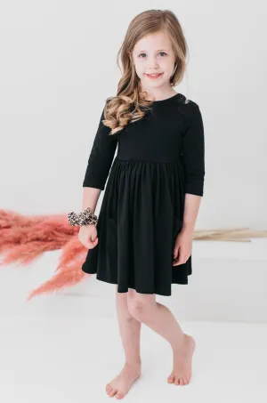 BLACK 3/4 SLEEVE POCKET TWIRL DRESS