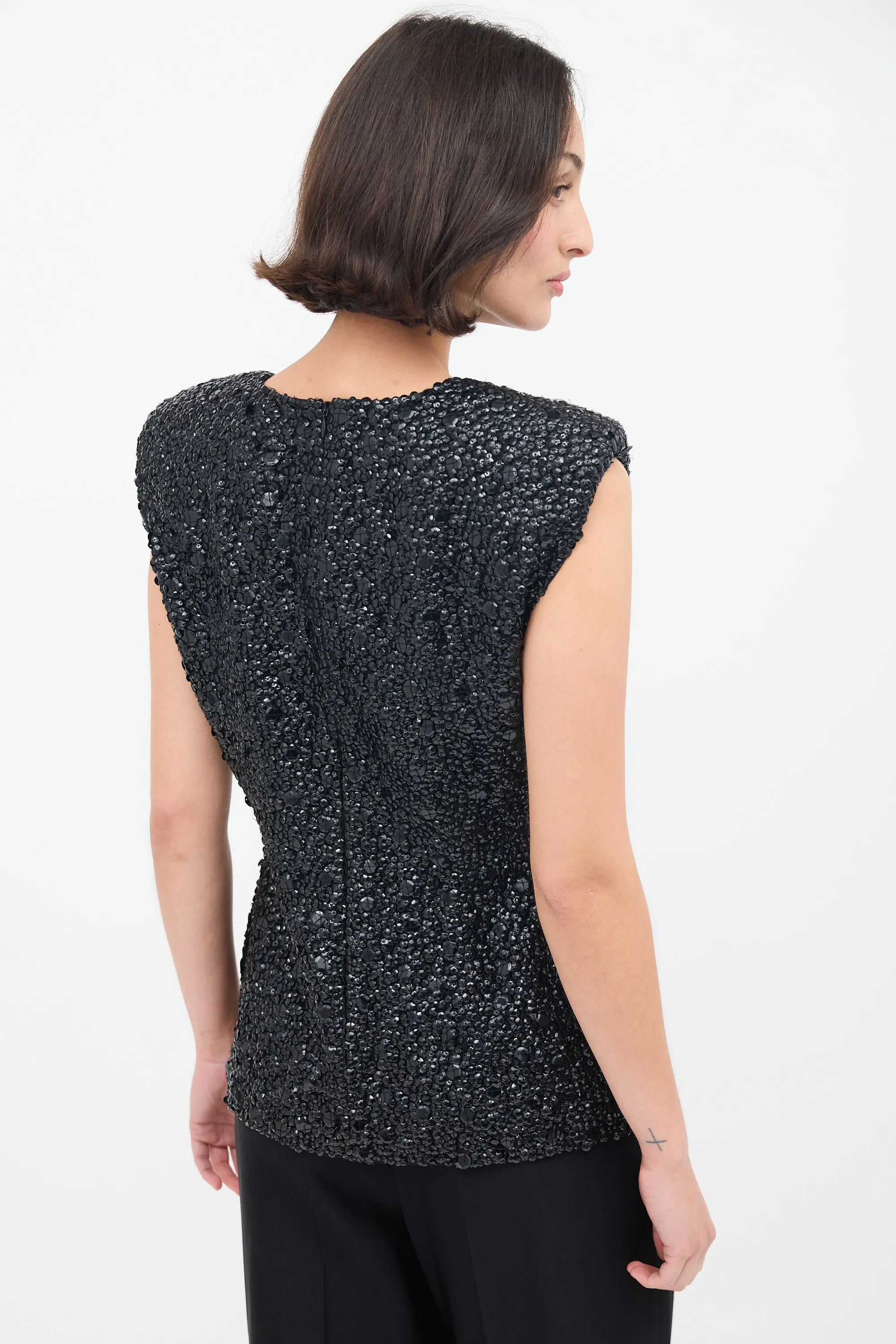 Black Sequin Embellished Shoulder Pad Tank Top