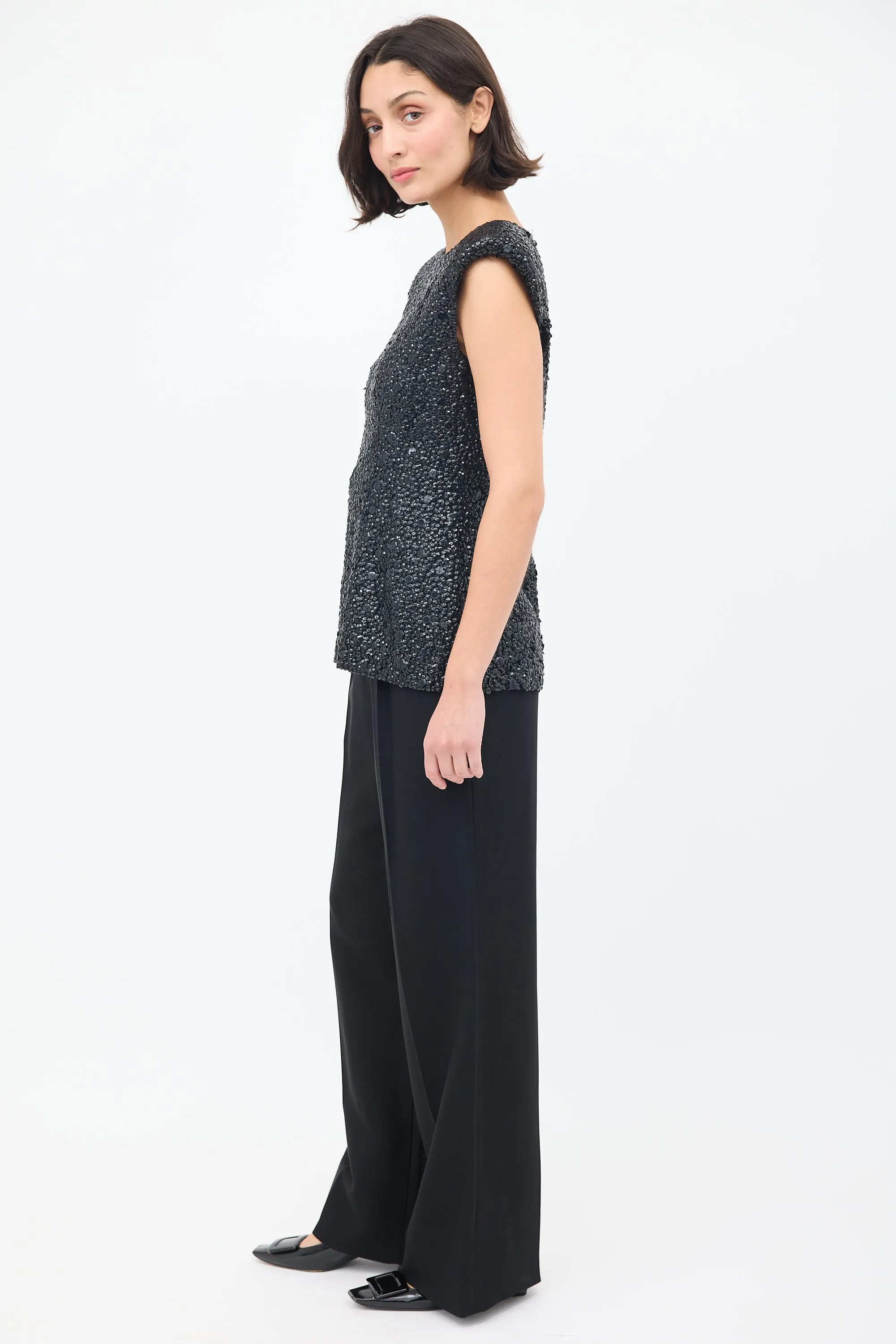 Black Sequin Embellished Shoulder Pad Tank Top