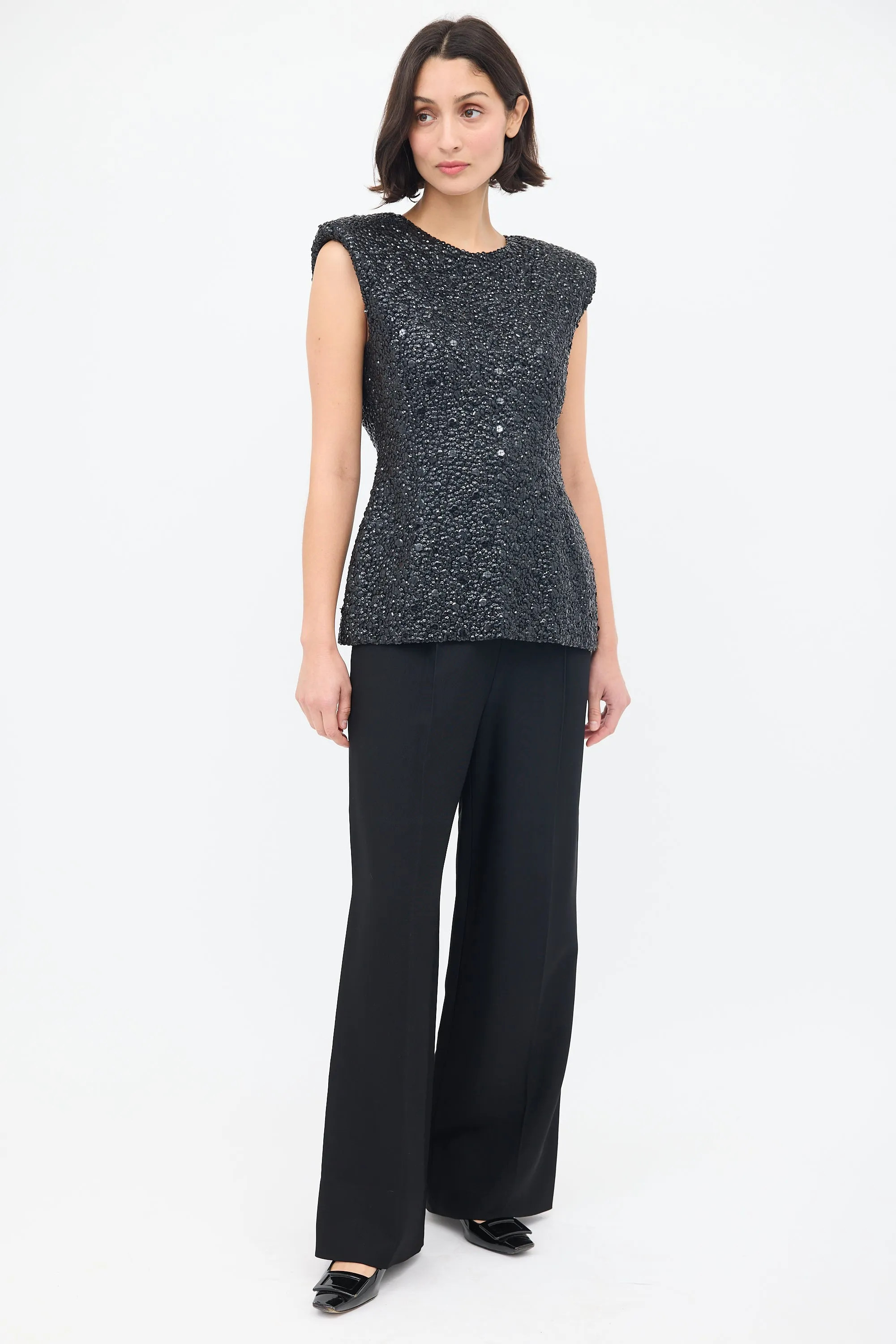 Black Sequin Embellished Shoulder Pad Tank Top