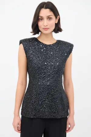 Black Sequin Embellished Shoulder Pad Tank Top