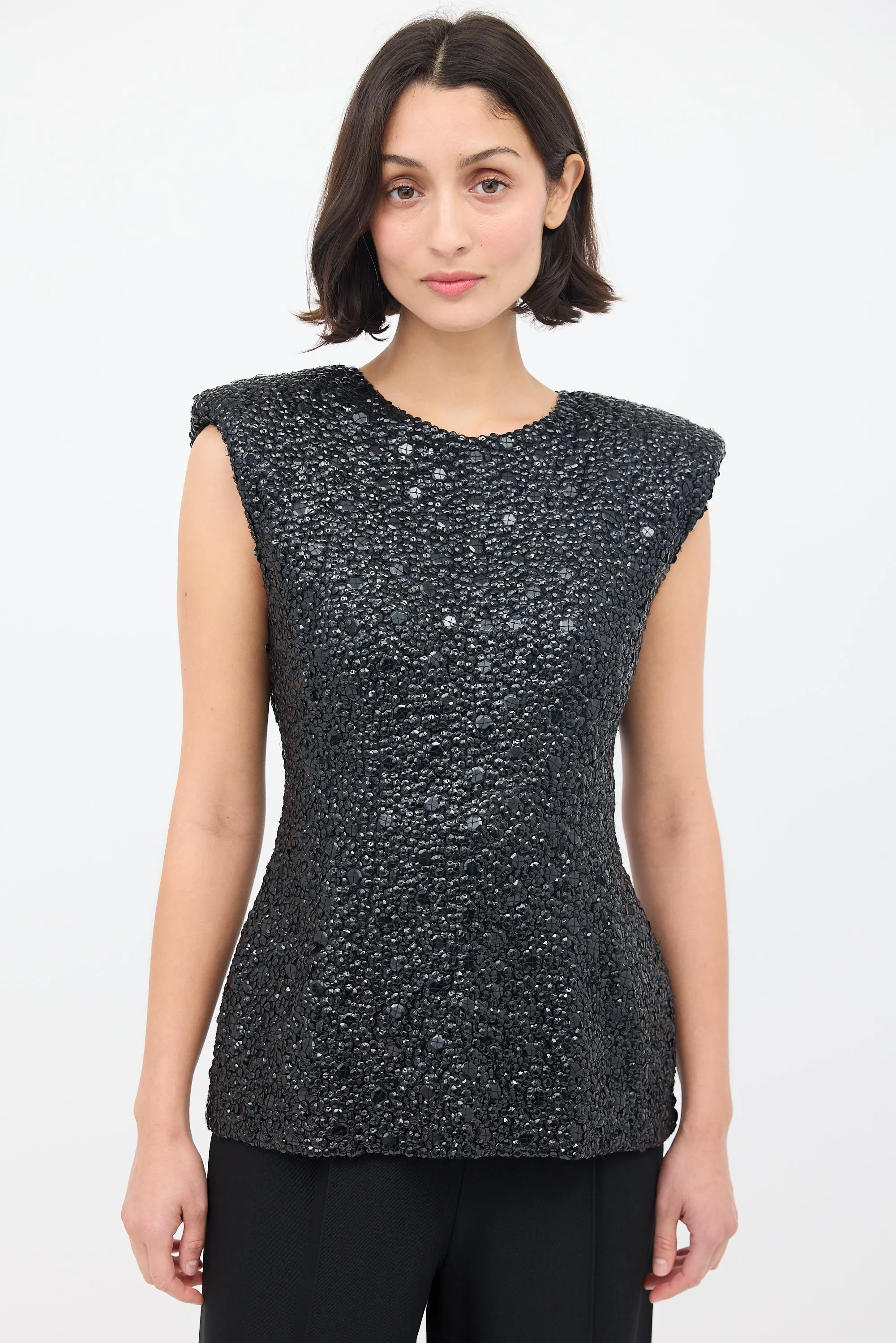 Black Sequin Embellished Shoulder Pad Tank Top