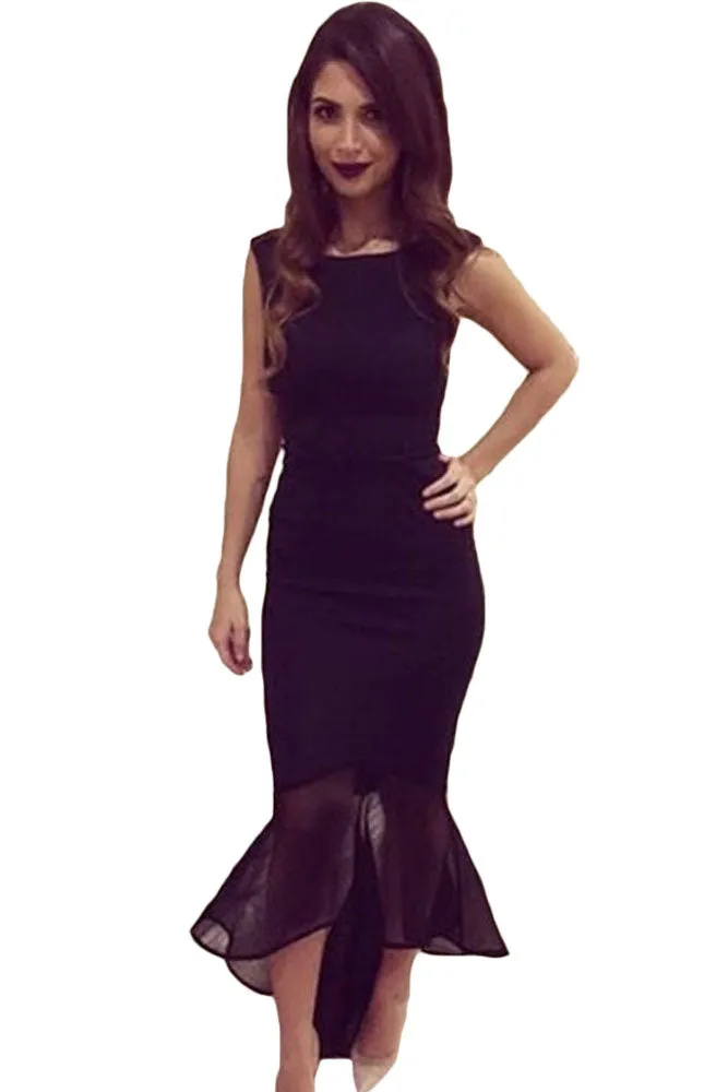 Black Tulle Fishtail Sleeveless Long Party Dress