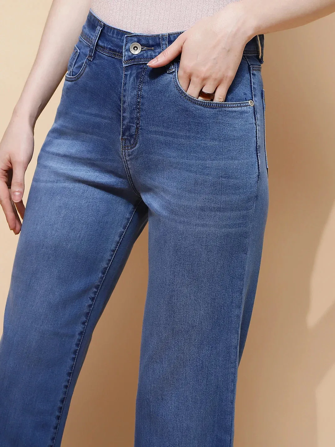 Blue Cotton Blend Straight Relaxed Fit Jeans For Women