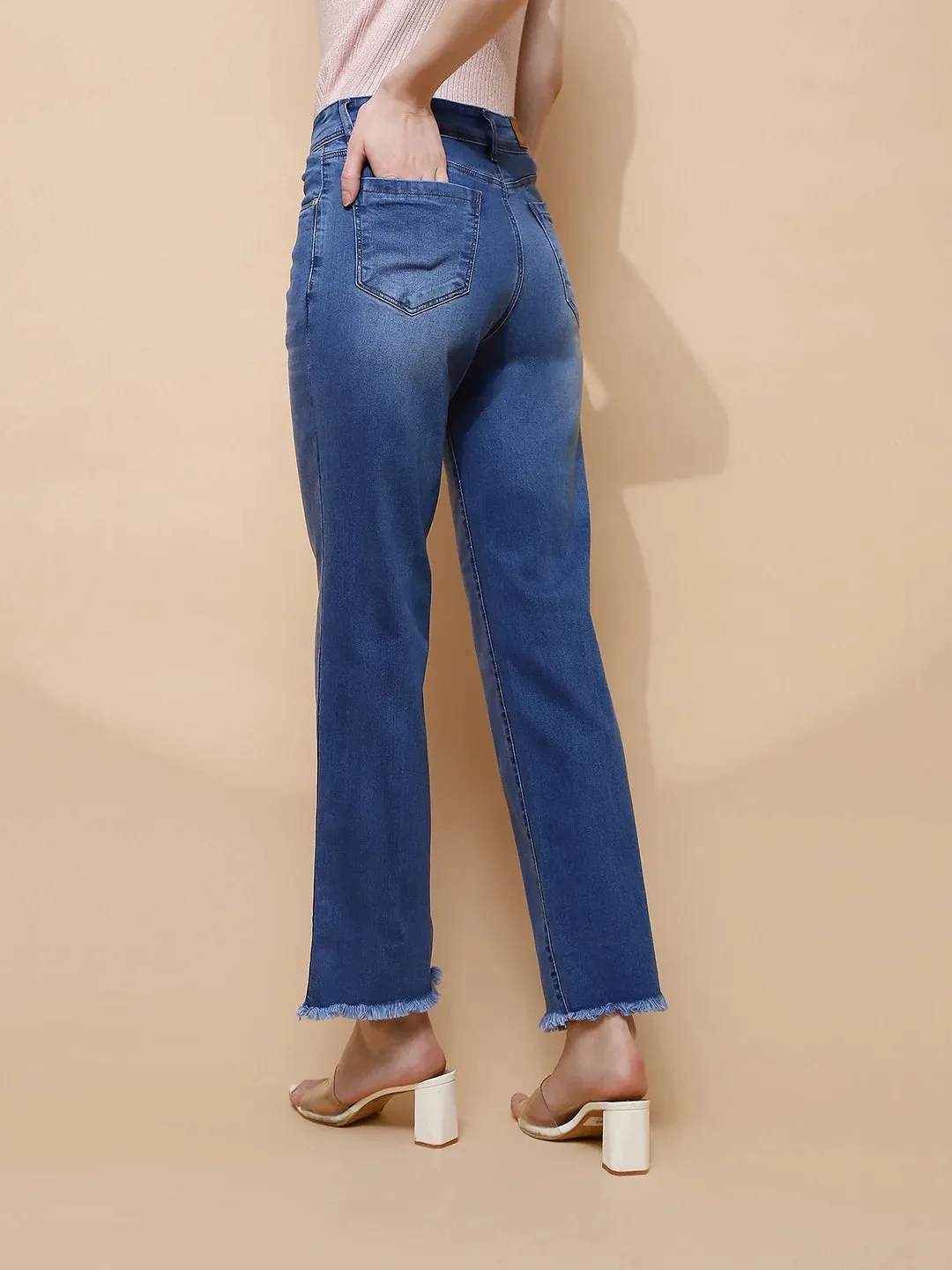 Blue Cotton Blend Straight Relaxed Fit Jeans For Women