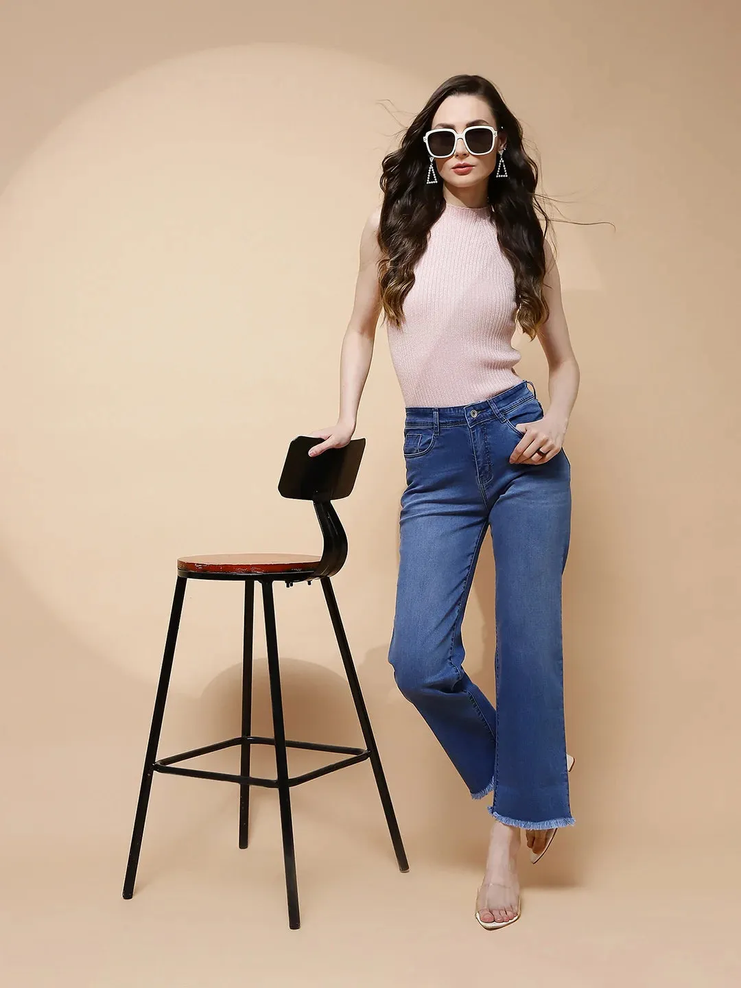 Blue Cotton Blend Straight Relaxed Fit Jeans For Women
