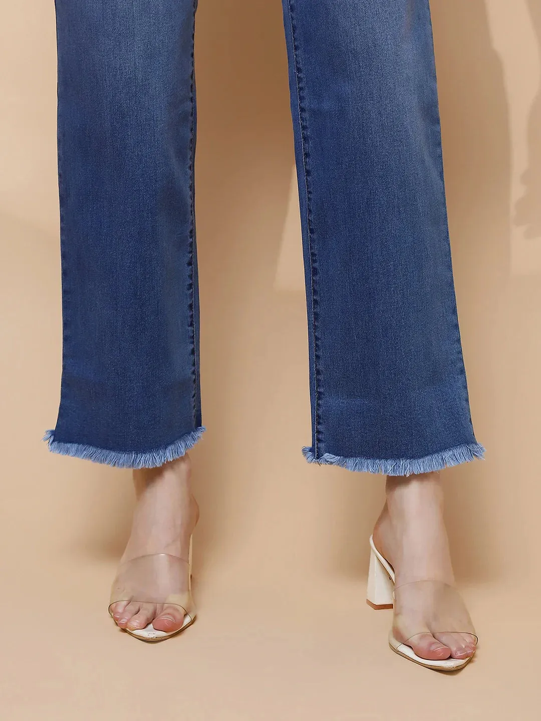 Blue Cotton Blend Straight Relaxed Fit Jeans For Women
