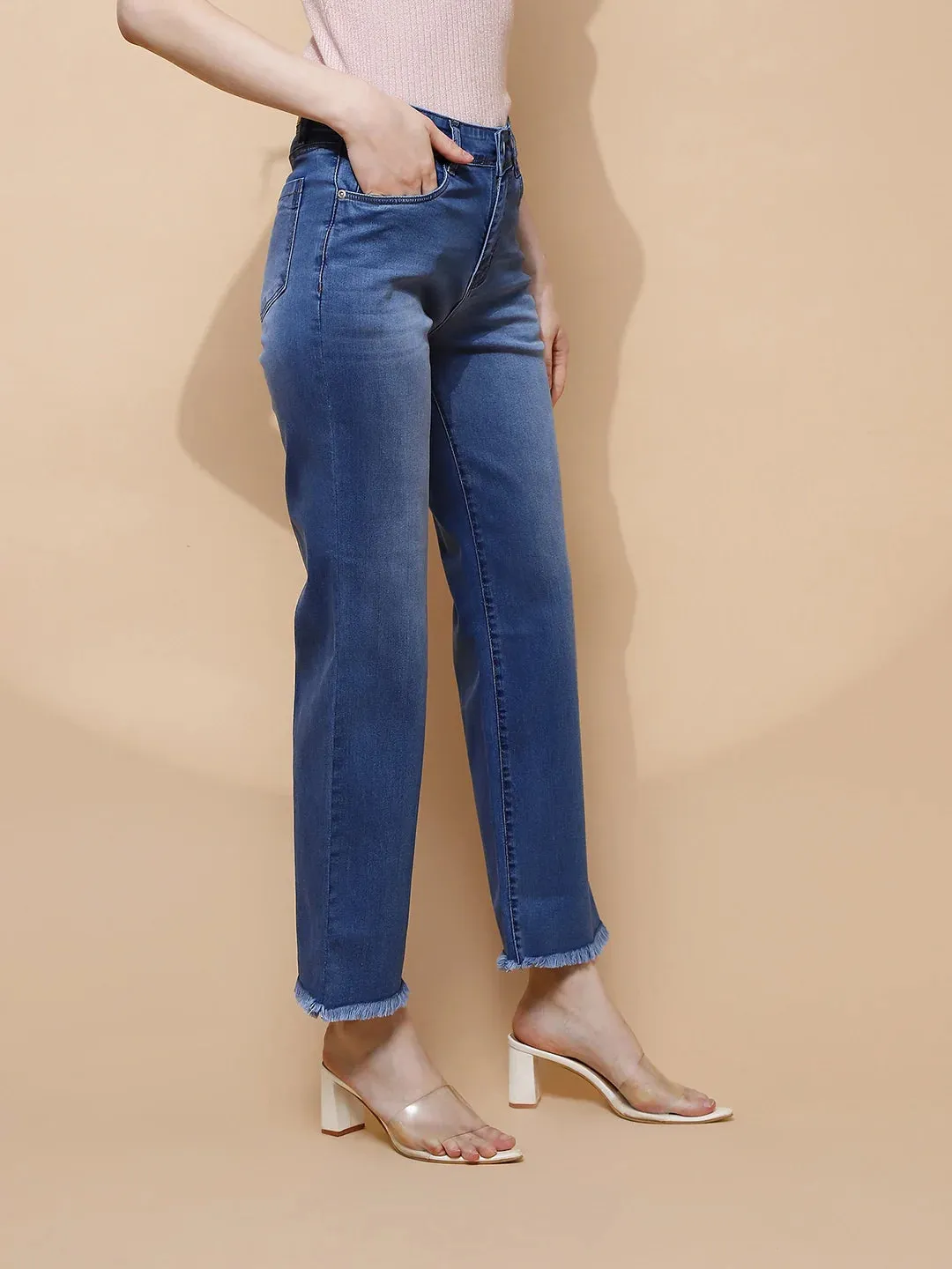Blue Cotton Blend Straight Relaxed Fit Jeans For Women