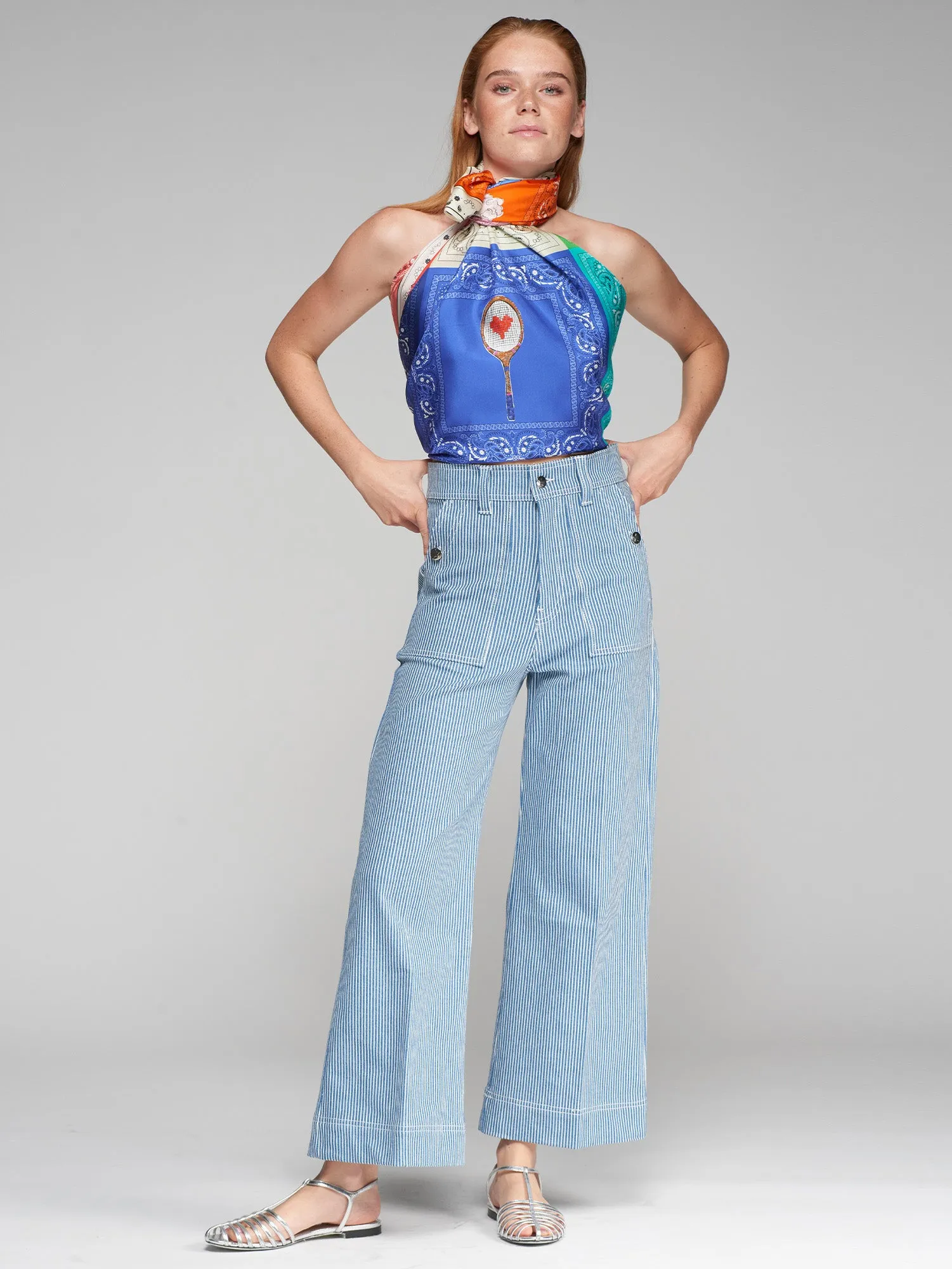 Blue Pin Stripe Jeans with Star Button Detail