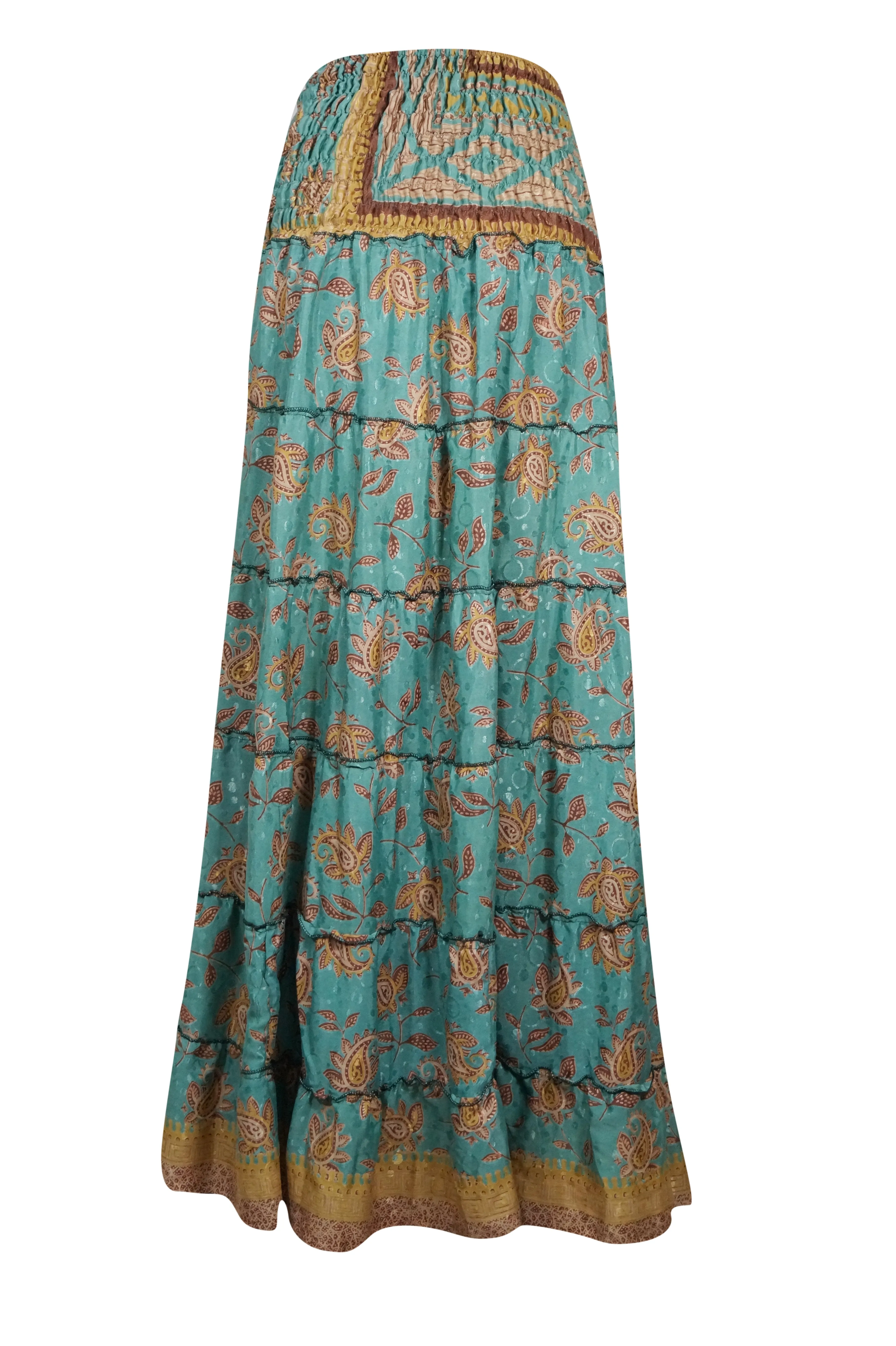 Bohemian Mint Blue Floral Beach Maxi Skirt Stylish Boho Skirt Dress S/M