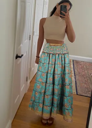 Bohemian Mint Blue Floral Beach Maxi Skirt Stylish Boho Skirt Dress S/M
