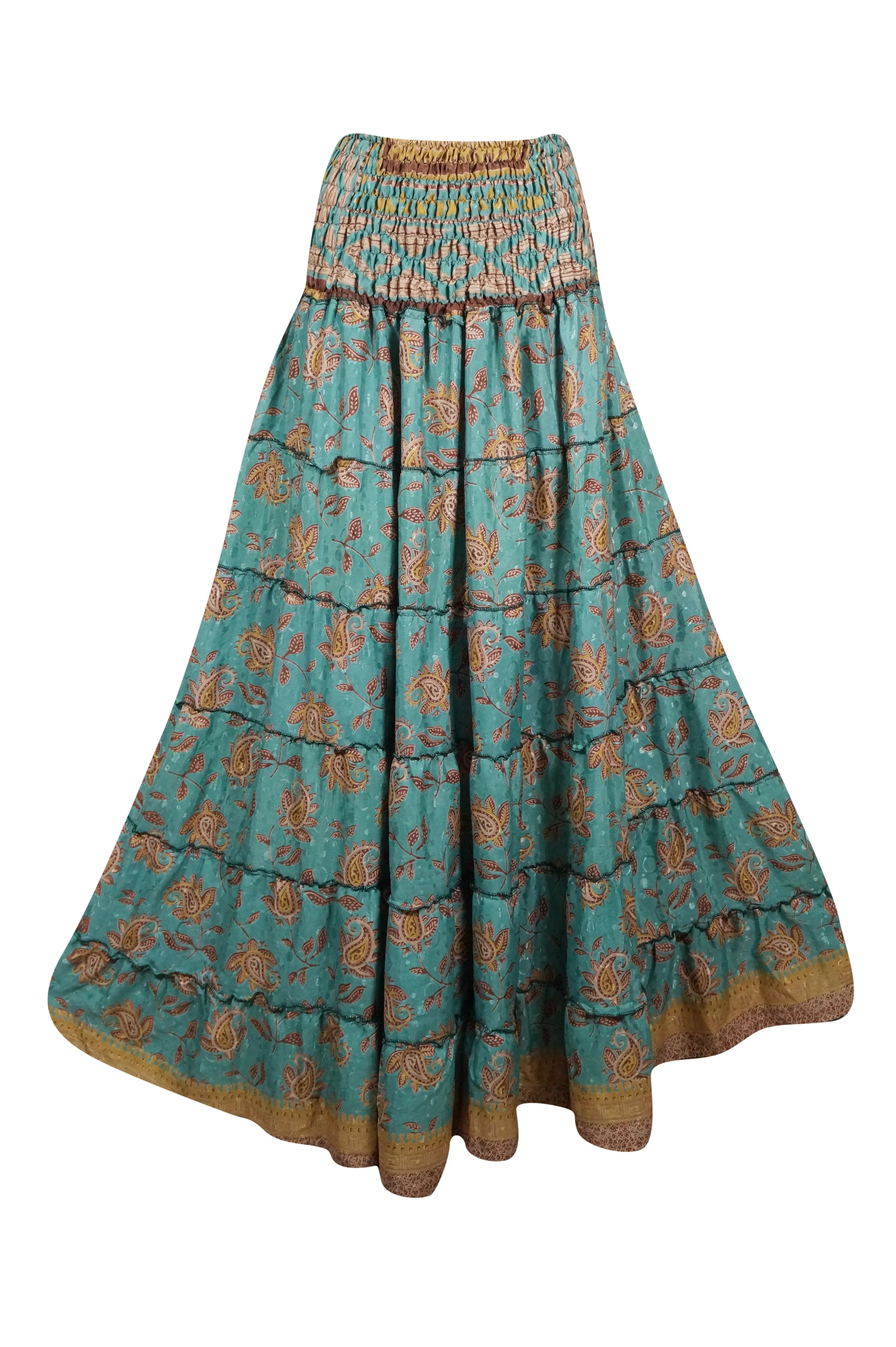 Bohemian Mint Blue Floral Beach Maxi Skirt Stylish Boho Skirt Dress S/M