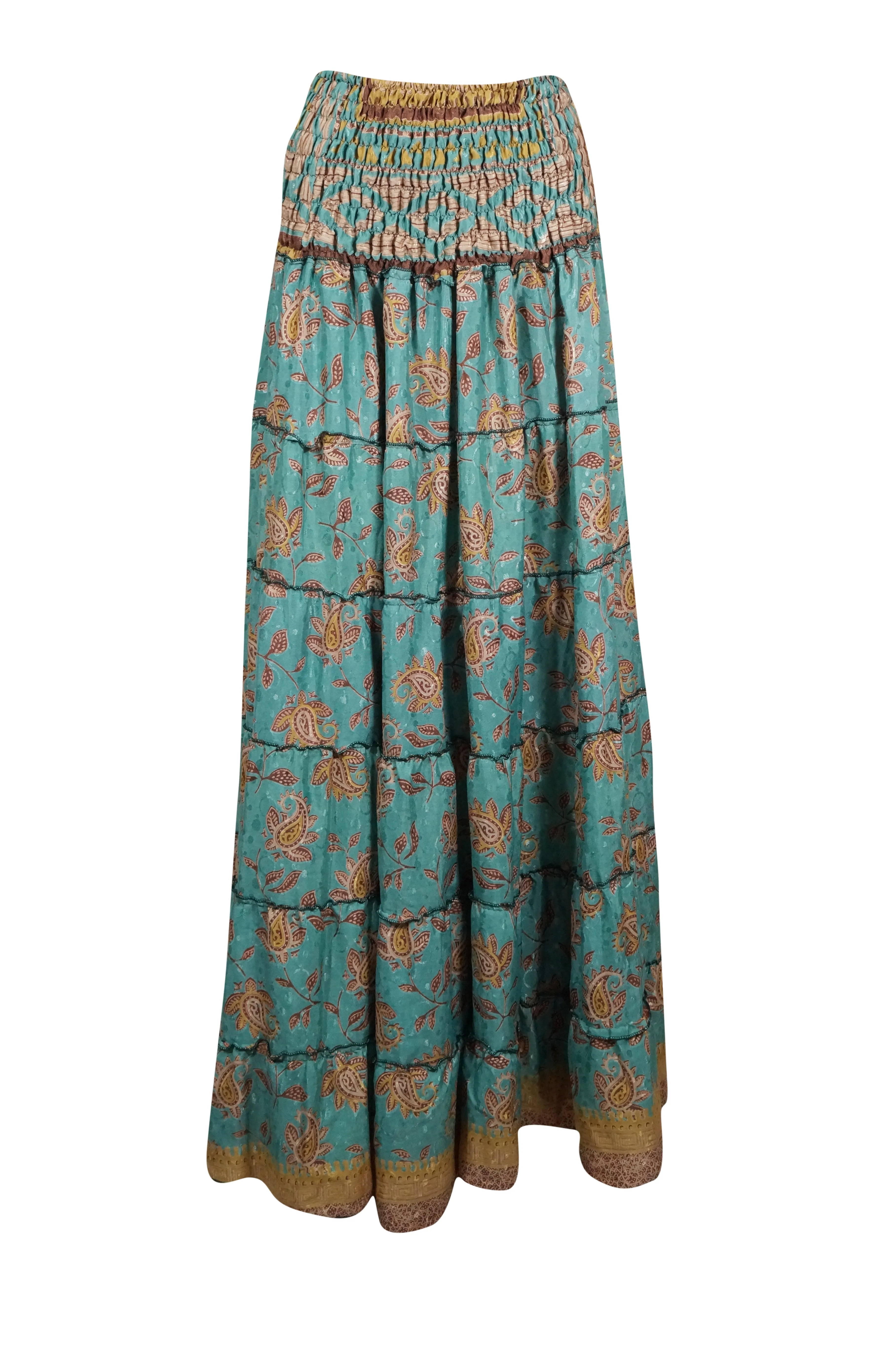 Bohemian Mint Blue Floral Beach Maxi Skirt Stylish Boho Skirt Dress S/M