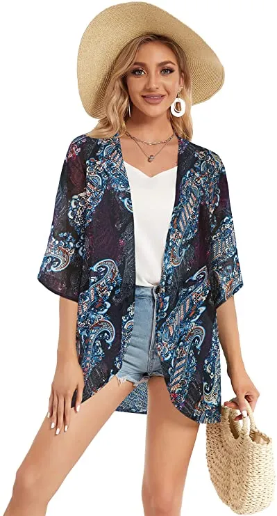 Boho Army Green Women's Floral Print Puff Sleeve Kimono Cardigan Loose Cover Up Casual Blouse Tops - Chicgal