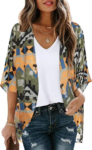 Boho Army Green Women's Floral Print Puff Sleeve Kimono Cardigan Loose Cover Up Casual Blouse Tops - Chicgal