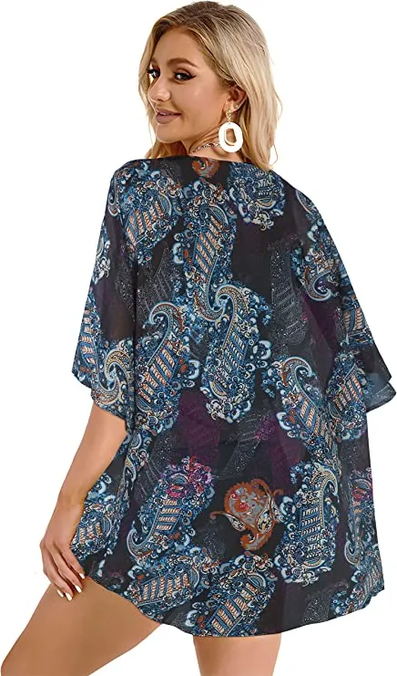 Boho Army Green Women's Floral Print Puff Sleeve Kimono Cardigan Loose Cover Up Casual Blouse Tops - Chicgal