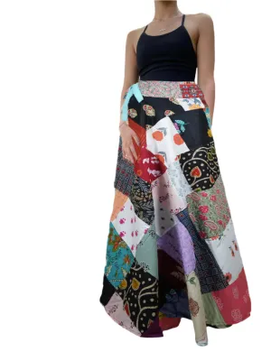 Boho Beach Skirt  Unique Retro Black Boho Cotton Patchwork Summer Skirt