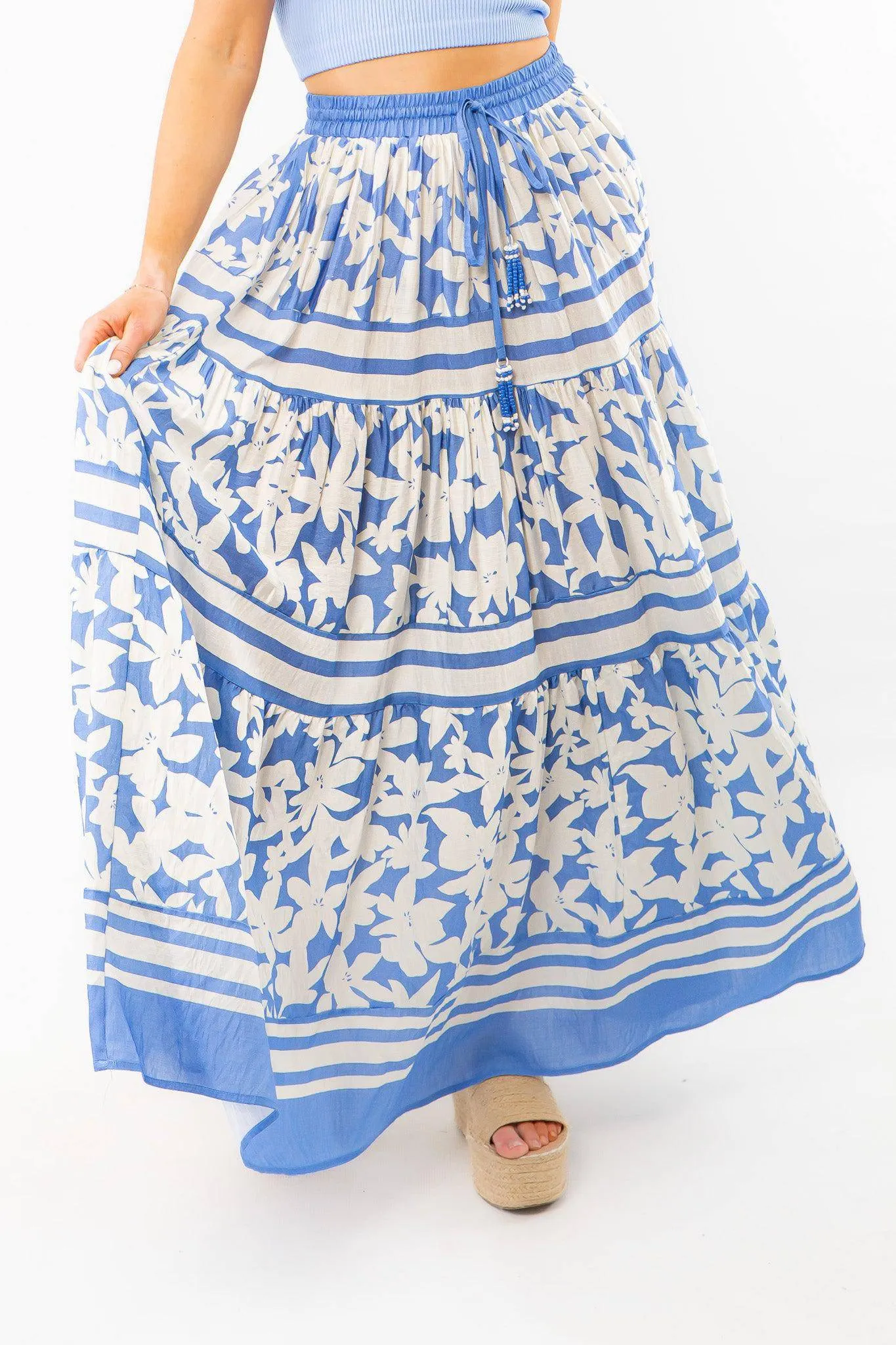 Bright Blue Floral Print Tiered Maxi Skirt