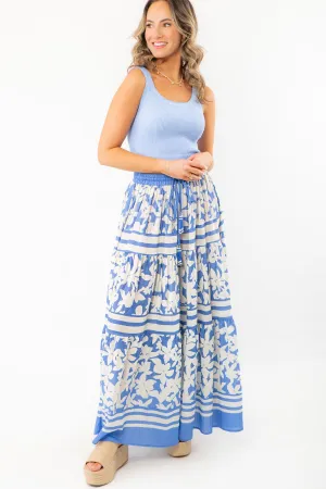 Bright Blue Floral Print Tiered Maxi Skirt